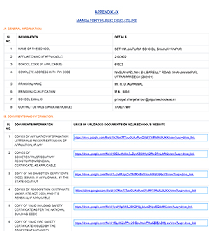 Screenshot of a school information form with sections General Information and Documents and Information, listing school details and document links.